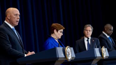(L-R) Australian Minister of Defense Peter Dutton, Australian Foreign Minister Marise Payne, US Secretary of State Antony Blinken, and US Defense Secretary Lloyd Austin attend a news conference at the State Department in Washington, DC on September 16, 2021. (AFP)