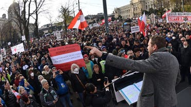 A rally held by Austria's far-right Freedom Party FPOe against the measures taken to curb the coronavirus (Covid-19) pandemic, at Maria Theresien Platz square in Vienna, Austria on November 20, 2021. (AFP)