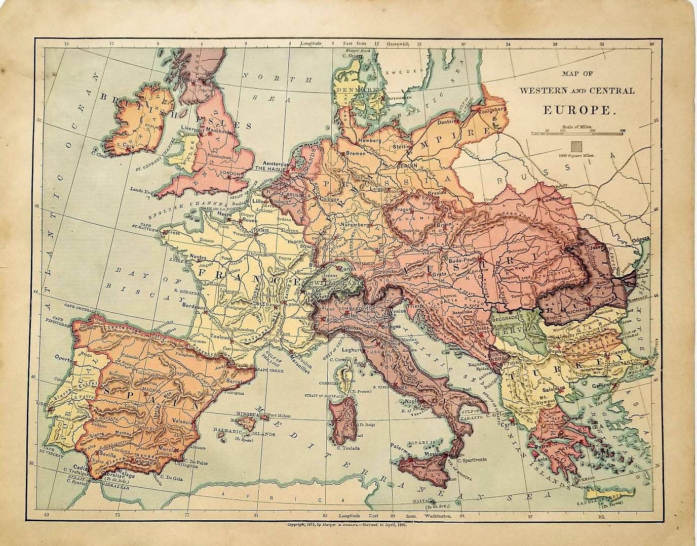 خريطة أوروبا الوسطى والغربية عام 1890