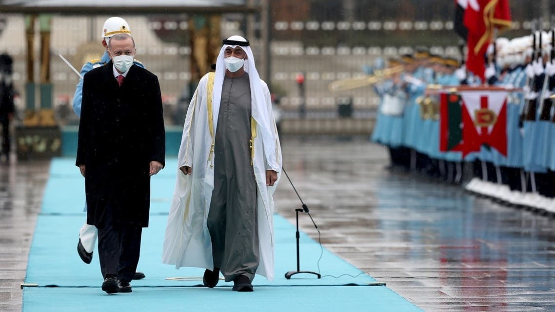 Turkish President Tayyip Erdogan and Abu Dhabi Crown Prince Sheikh Mohammed bin Zayed al-Nahyan review a guard of honour, in Ankara. (Reuters)