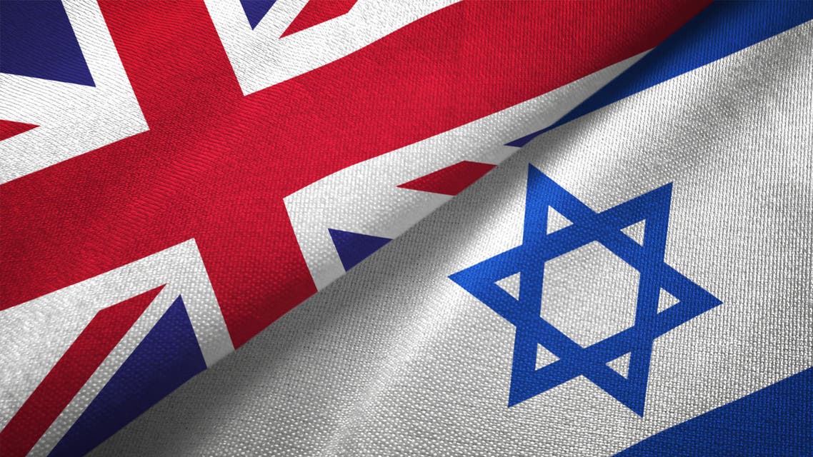 Israel and United Kingdom two flags together realations textile cloth fabric texture stock photo