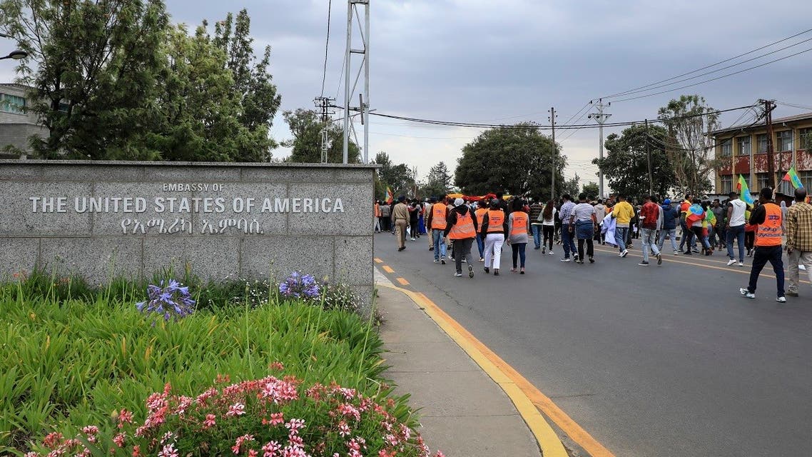 Ethiopians protest against the United States outside the US embassy in the capital Addis Ababa, Ethiopia, Nov. 25, 2021. (AP)