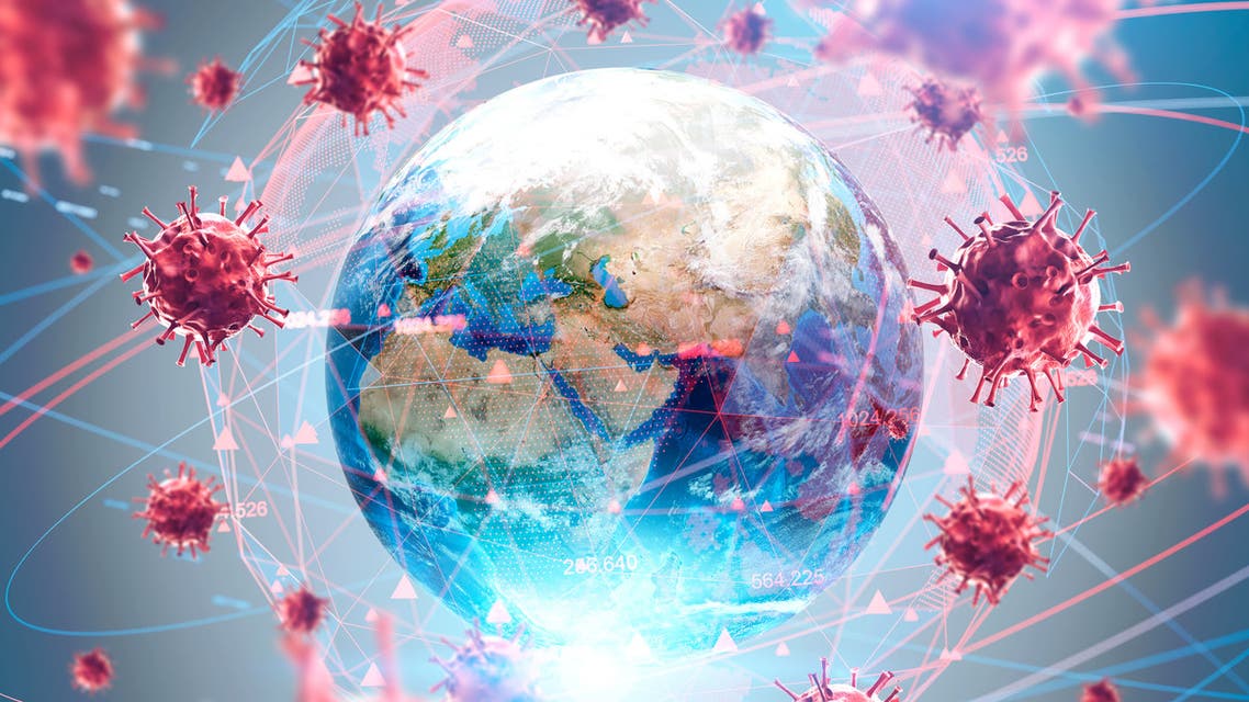  Coronavirus Asian flu ncov over Earth background and its blurry hologram. Concept of cure search and global world. 3d rendering toned image. Elements of this image furnished by NASA Global virus and disease spread, coronavirus stock photo