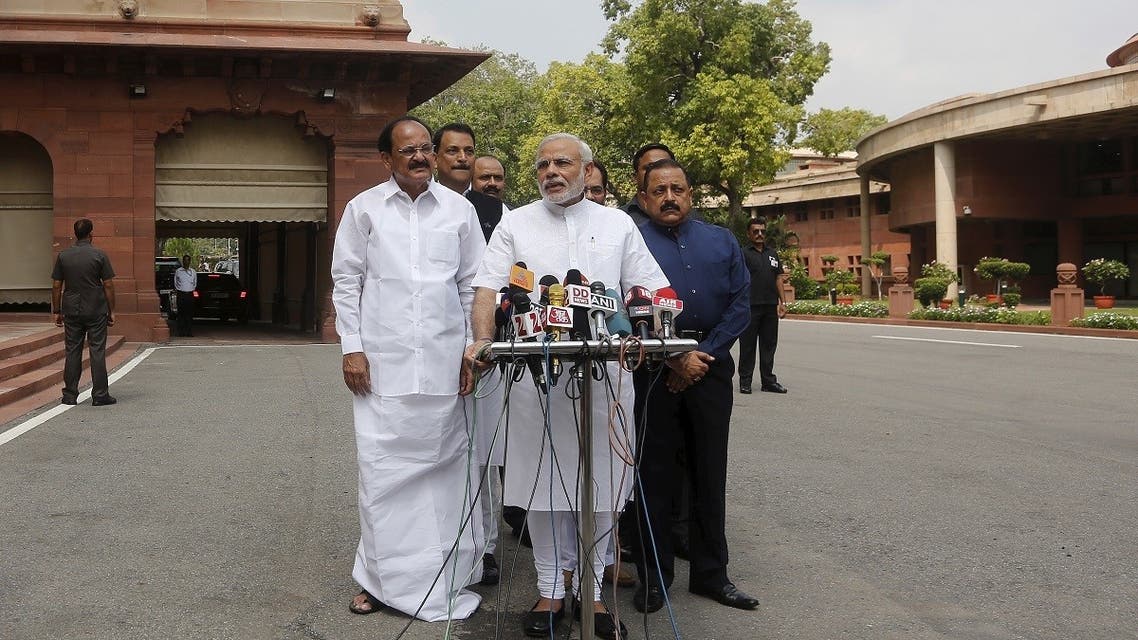 File photo of Indian Prime Minister Narendra Modi (C) speaks to the media on the opening day of the monsoon session of the Indian parliament in New Delhi, India. (Reuters)