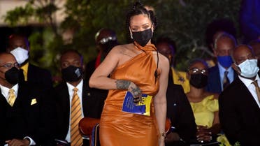 Singer Rihanna stands to receive the honour of national hero at the Presidential Inauguration Ceremony to mark the birth of a new republic in Barbados, Bridgetown, Barbados, November 30, 2021. (Reuters)