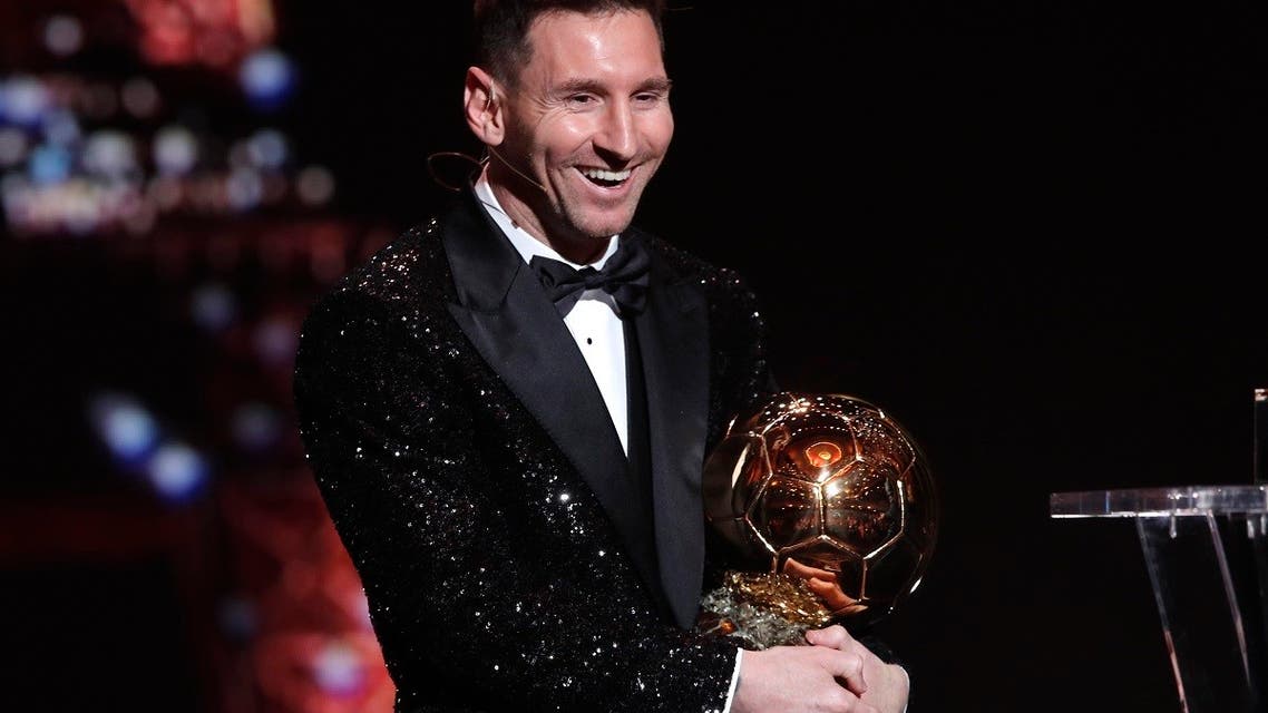 Lionel Messi with the Ballon d'Or award, Nov. 29, 2021. (Reuters)