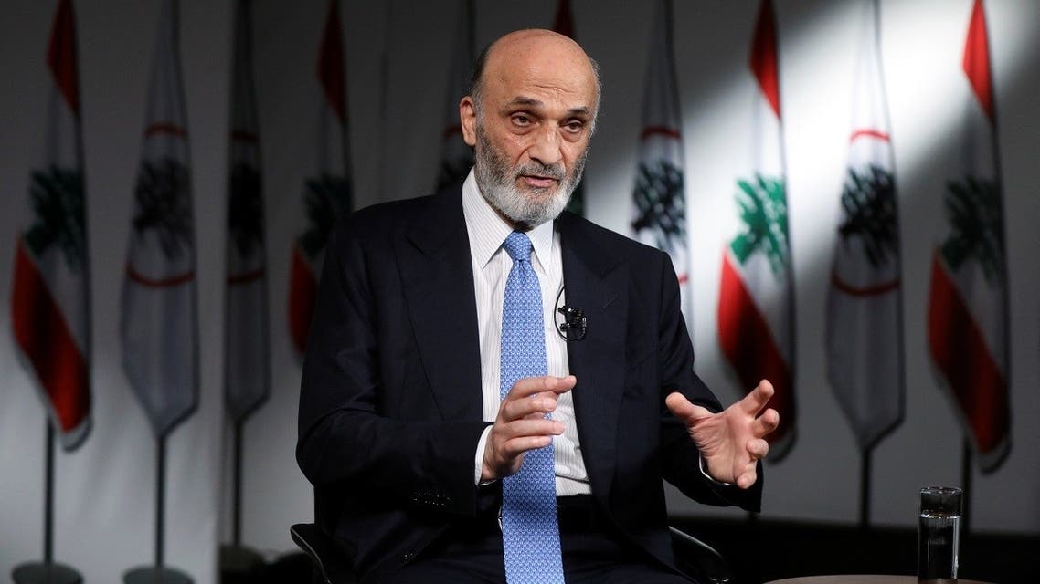 Samir Geagea, the leader of Lebanon's Christian Lebanese Forces, speaks to Reuters from Maarab, Nov. 29, 2021. (Reuters)