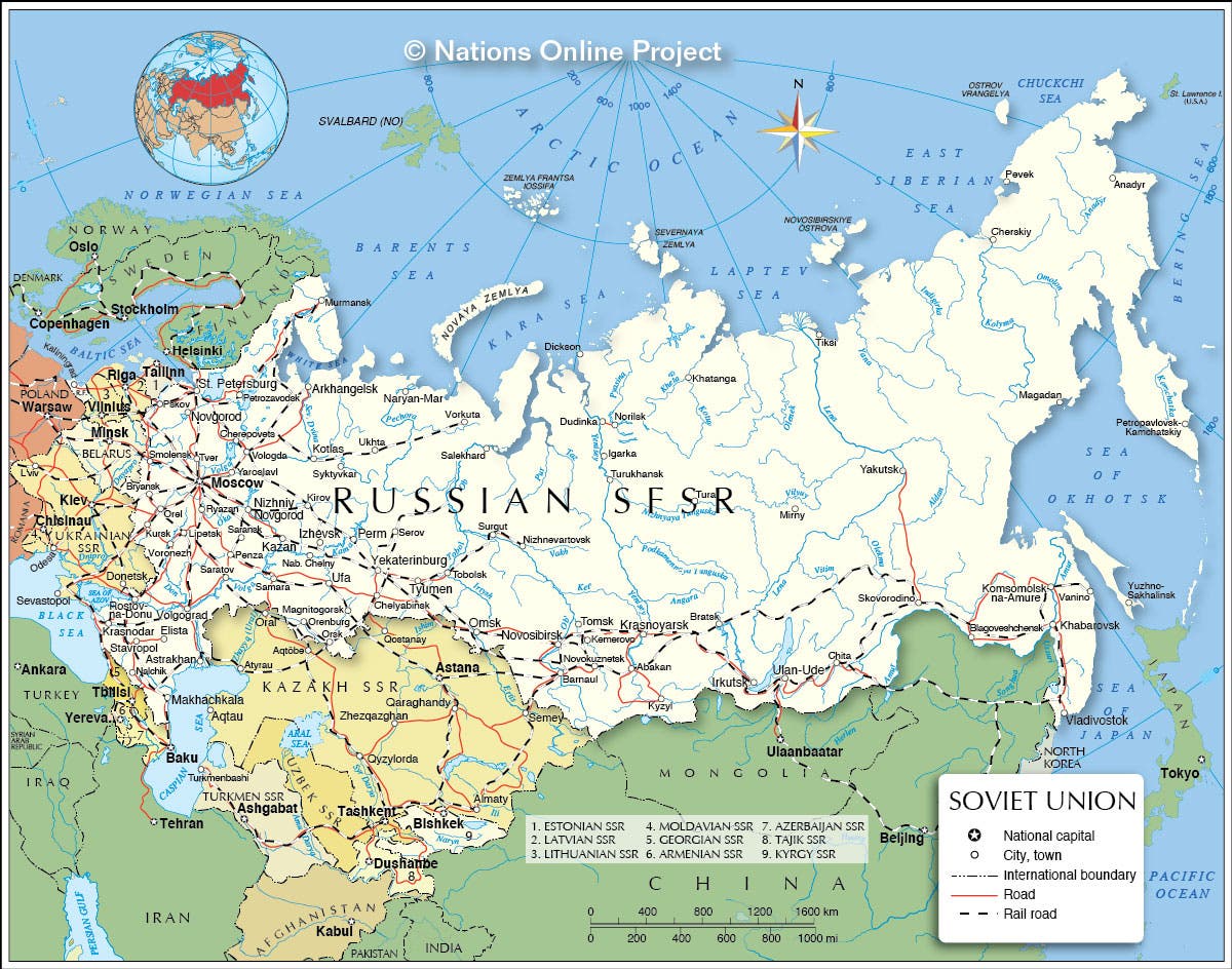 خريطة للدول المكونة للإتحاد السوفيتي.