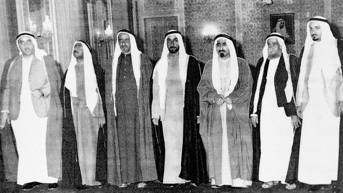 United Arab Emirates President Sheikh Zayed Ben Sultan al-Nahyan (C) poses with the rulers of the seven UAE federation member states in February 1972, just after Ras al-Khaimah became the seventh member. (AFP)