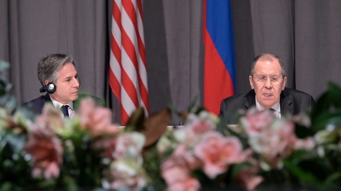 US Secretary of State Antony Blinken (L) and his Russian counterpart Sergei Lavrov speak during their meeting on the sidelines of the Organization for Security and Co-operation in Europe (OSCE) meeting in Stockholm, on December 2, 2021. (Jonathan Nackstrand/Pool/AFP)