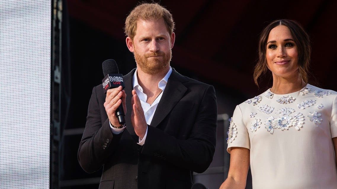 Prince Harry and his wife Meghan Markle speak during the Global Citizen festival, Sept. 25, 2021 in New York. (AP/Stefan Jeremiah)