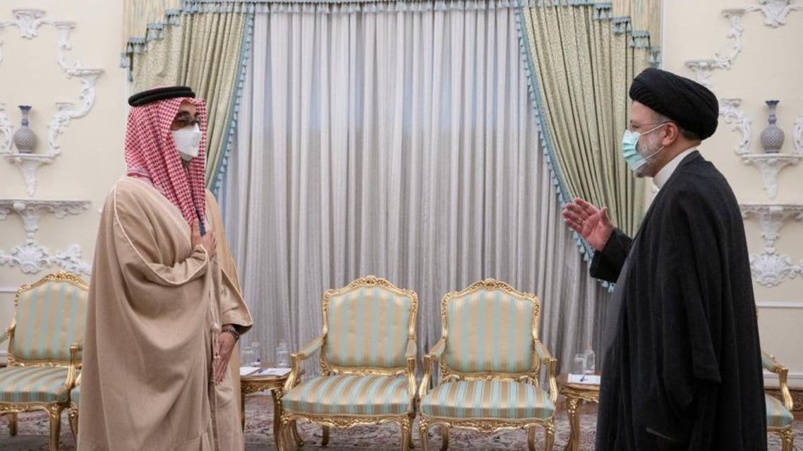 Sheikh Tahnoun bin Zayed al-Nahyan (L), the United Arab Emirates' (UAE) National Security Adviser, meets Iranian President Ebrahim Raisi (R) in Tehran on December 6, 2021. (Twitter)