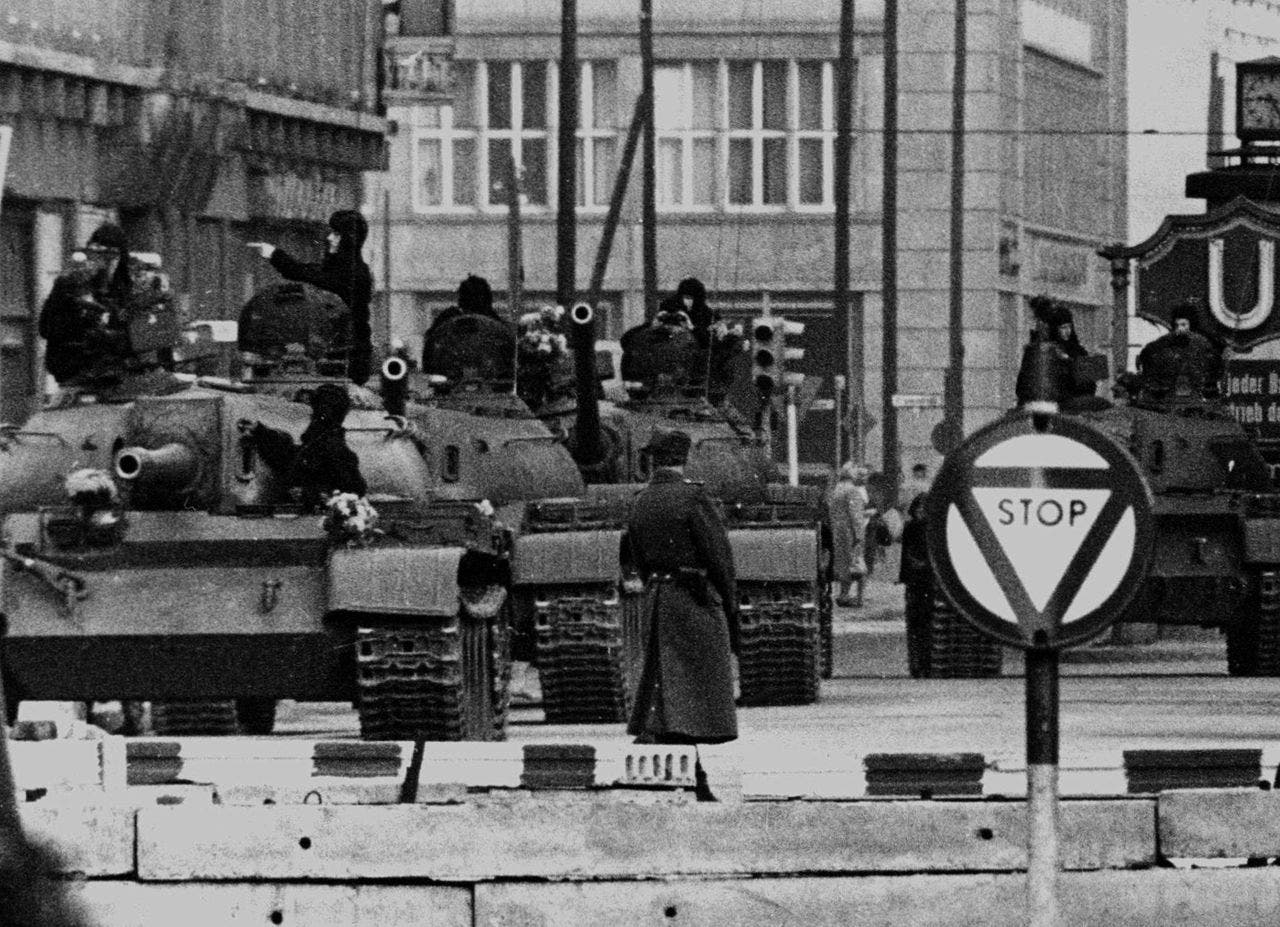 A picture of Soviet tanks in East Berlin during the month of October 1961