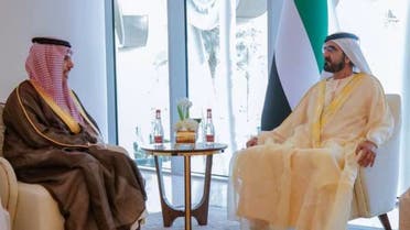 Dubai’s ruler Sheikh Mohammed bin Rashid met with Saudi Foreign Minister Prince Faisal bin Farhan at Expo 2020 Dubai on Monday. (Dubai Media Office)