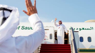 A photo provided by Saudi Press Agency shows Saudi Arabia’s Crown Prince Mohammed bin Salman boarding a flight to Bahrain. (SPA)