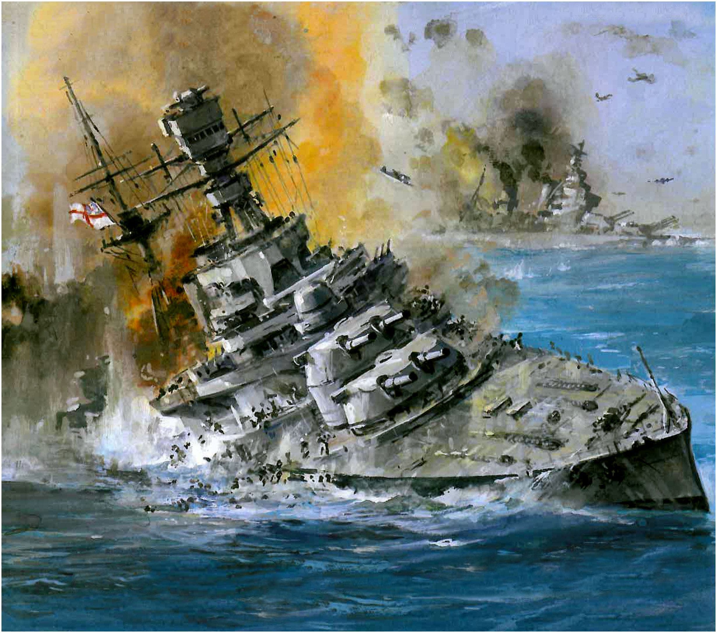 Painting depicting the sinking of the two British ships