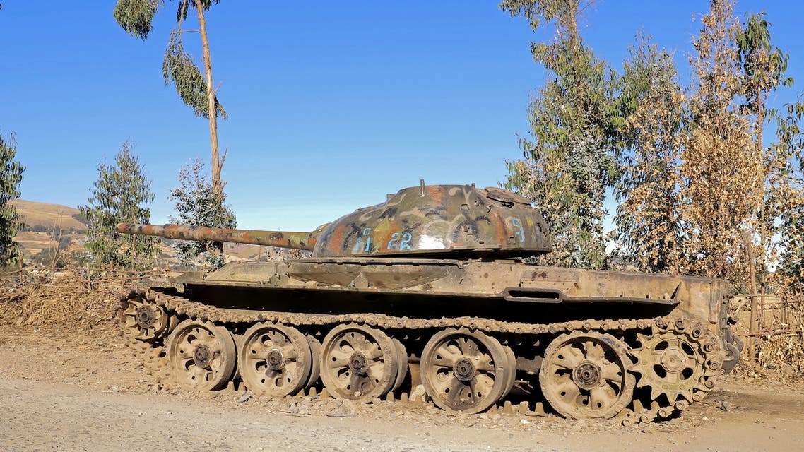 A military tank destroyed recently during fighting between the ENDF and the TPLF forces in Damot Kebele of Amhara region, Ethiopia, Dec. 7, 2021. (Reuters)