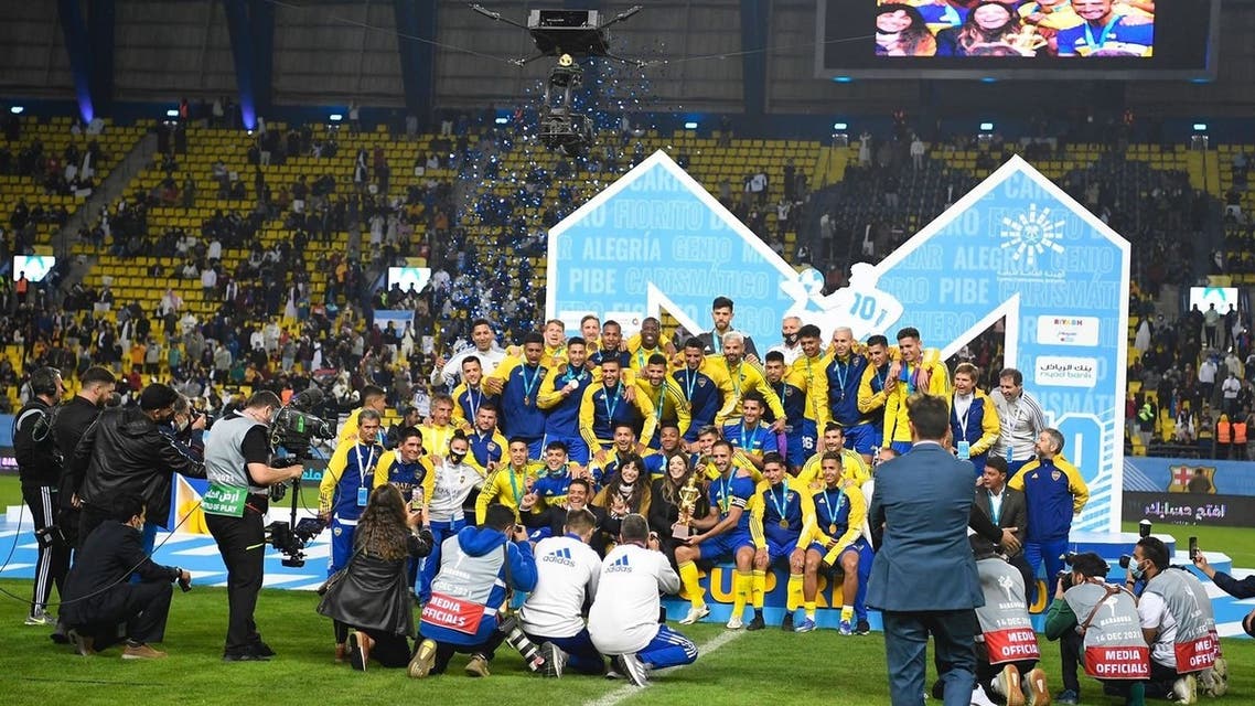 Argentina’s Boca Juniors won the ‘Maradona Cup’ after beating its Spanish counterpart Barcelona on penalties in a friendly match at Mrsool Park stadium in Saudi Arabia’s capital Riyadh. (Twitter)