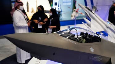 A model F-35 stealth fighter jet is on display at the Lockheed Martin stand at the Dubai Air, Nov. 16, 2021. (AP)
