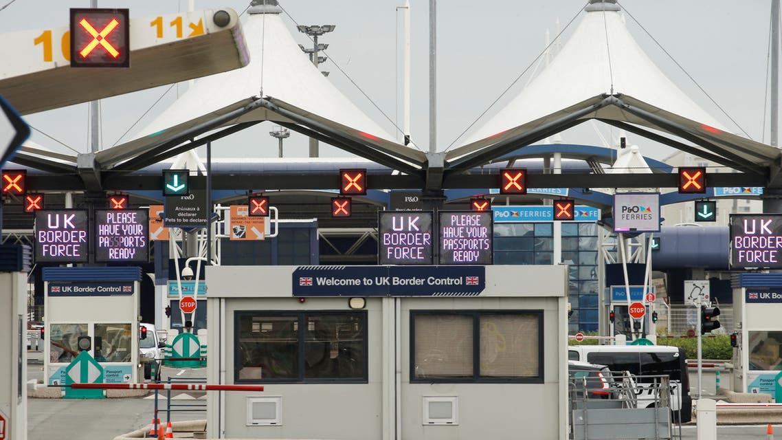 UK border force booths are seen at the terminal ferry in Calais, as the 14-day quarantine for international arrivals was introduced this monday, amid the coronavirus disease (COVID-19) outbreak, in Calais, France, June 8, 2020. REUTERS/Pascal Rossignol