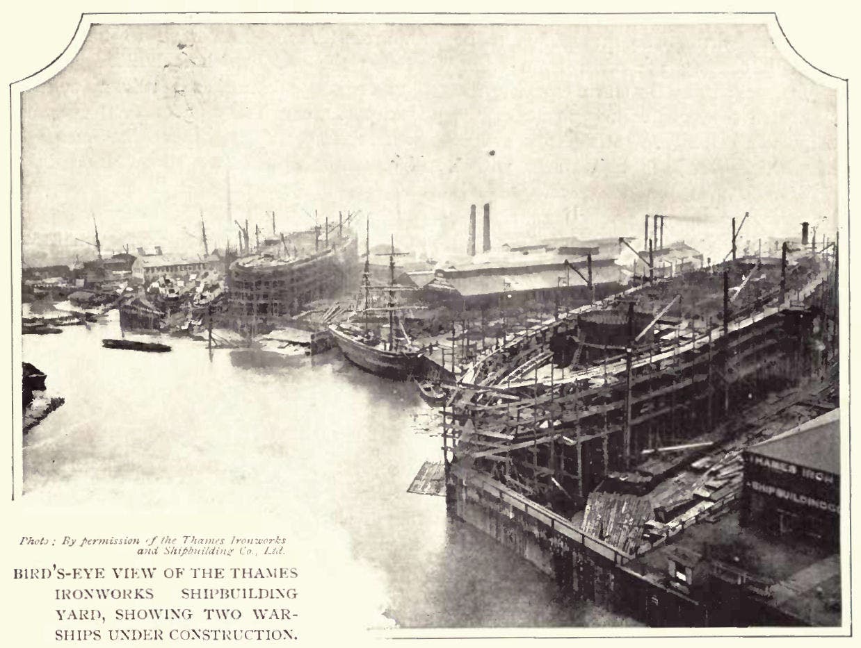 A picture of one of the docks of the Thames Iron Works and Shipbuilding Company