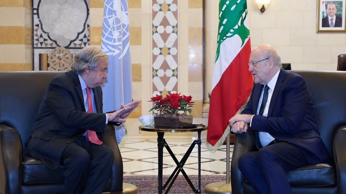 United Nations Secretary-General Antonio Guterres gestures as he talks with Lebanon’s Prime Minister Najib Mikati in Beirut, Lebanon, on December 20, 2021. (Reuters)