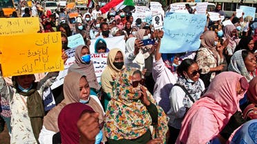 Sudanese women take part in a protest decrying sexual attacks in the twin city Omdurman, Dec. 23, 2021. (AFP)