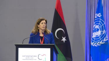 This handout picture made available by the United Nations (UN) shows acting UN envoy for Libya Stephanie Williams delivering remarks at the opening of the Libyan Political Dialogue Forum on February 1, 2021 at an undisclosed location near Geneva. (AFP)