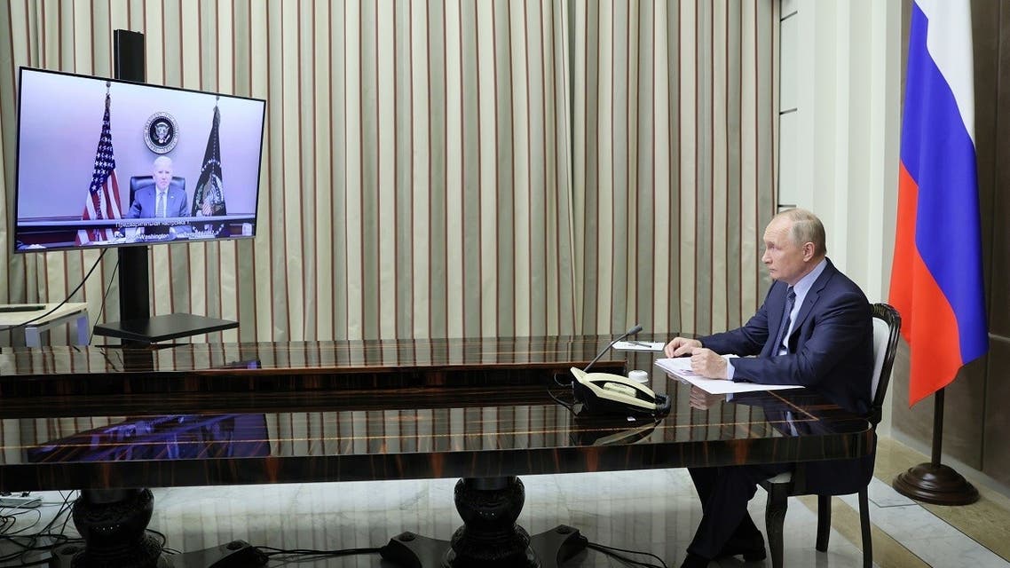 Russian President Vladimir Putin holds talks with US President Joe Biden via a video link in Sochi, Russia, on December 7, 2021. (Reuters)