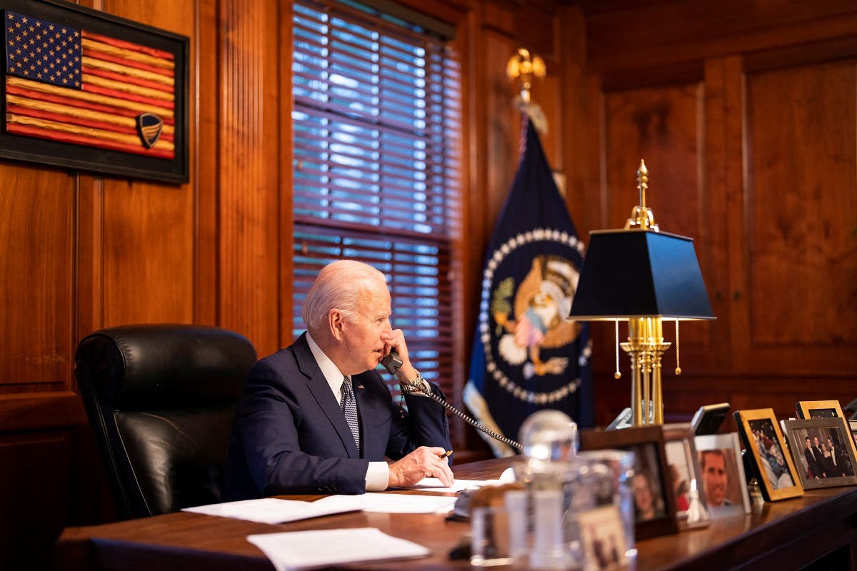 US President Joe Biden speaks with Russia's President Vladimir Putin from his home in Wilmington, Delaware, Dec. 30, 2021. (Reuters)