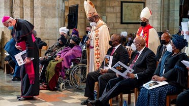 Leah Tutu, wife of late Archbishop Desmond Tutu, South African President Cyril Ramaphosa, and Lesotho’s King Letsie attend the state funeral of late Archbishop Emeritus Desmond Tutu at St George’s Cathedral in Cape Town, South Africa, on January 1, 2022. (Reuters)