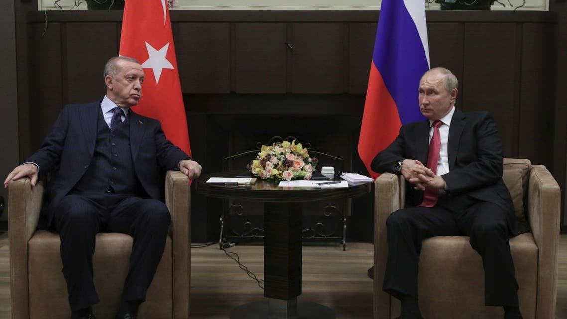 Russian President Vladimir Putin meets with his Turkish counterpart Recep Tayyip Erdogan in Sochi on September 29, 2021. (AFP)