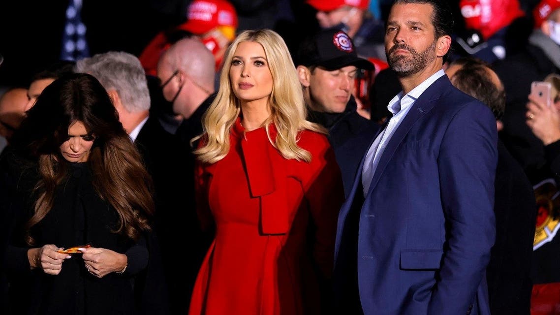 Ivanka Trump and Donald Trump Jr. look on as then-President Donald Trump holds a campaign rally in Kenosha, Wisconsin, Nov. 2, 2020. (Reuters)