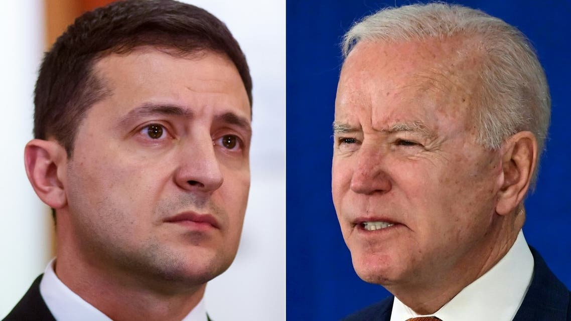 In this file combination of file pictures created on July 21, 2021 shows Ukranian President Volodymyr Zelensky (L) in Riga, Latvia, on October 16, 2019; and US President Joe Biden speaking on June 4, 2021, at the Rehoboth Beach, Delaware, Convention Center. (AFP)