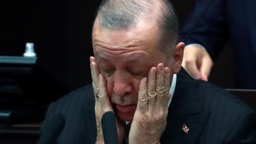 Turkish President and leader of Justice and Development (AK) Party Recep Tayyip Erdogan speaks during his ruling AK Party's group meeting at the Grand National Assembly of Turkey (GNAT), in Ankara, on April 21, 2021. (AFP)