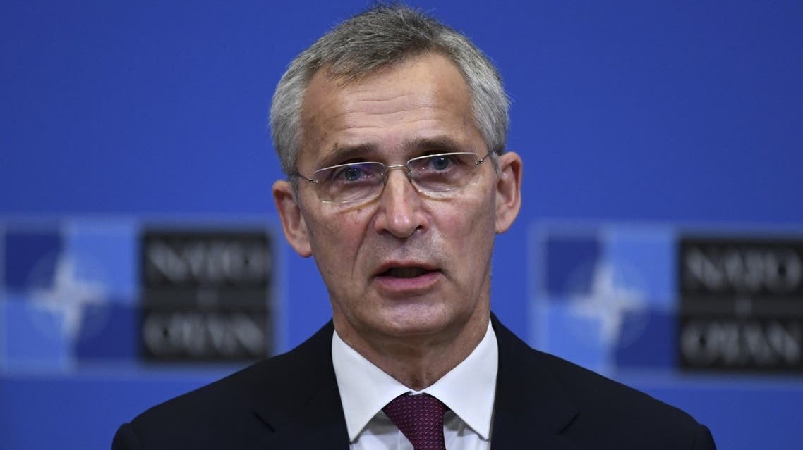 NATO Secretary General Jens Stoltenberg talks during a press conference with Ukrainian Foreign minister after their bilateral meeting at the European Union headquarters in Brussels on December 16, 2021. (AFP)
