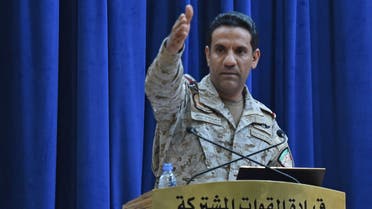 Spokesman of the Saudi-led military coalition Colonel Turki al-Maliki gestures during a press conference in the Saudi capital Riyadh, on September 16, 2019. (AFP)