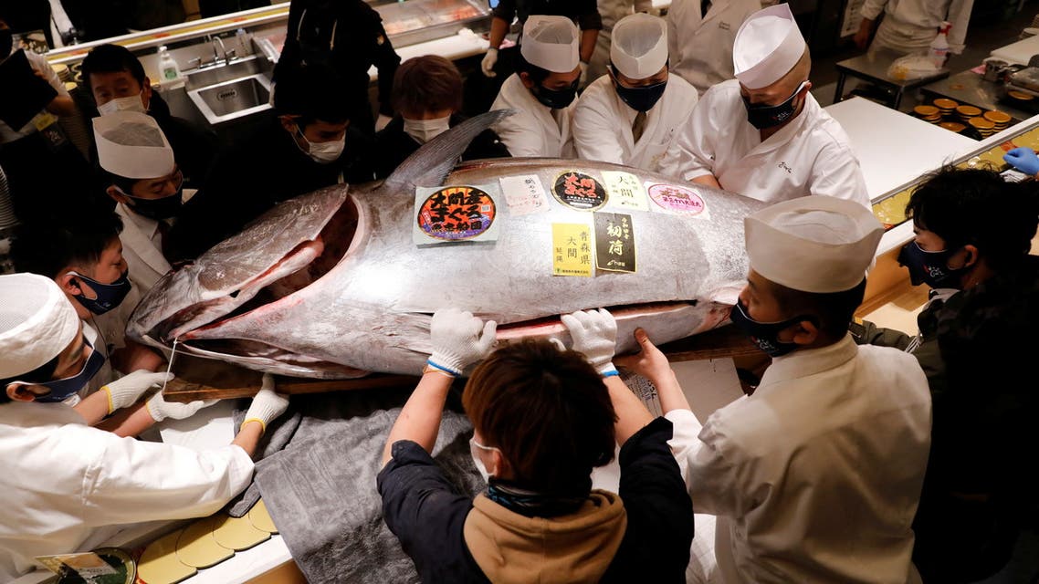 A 211-kilogram bluefin tuna that was auctioned for about 16.9 million Japanese yen or around 145,290 dollars and bought jointly by Michelin-starred sushi restaurant operator Onodera Group and wholesaler Yamayuk is cut at a sushi restaurant after the first tuna auction of the New Year in Tokyo, Japan January 5, 2022. REUTERS/Issei Kato