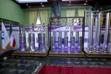 Several new generation Iranian centrifuges are seen on display during Iran’s National Nuclear Energy Day in Tehran, Iran April 10, 2021. (Reuters)