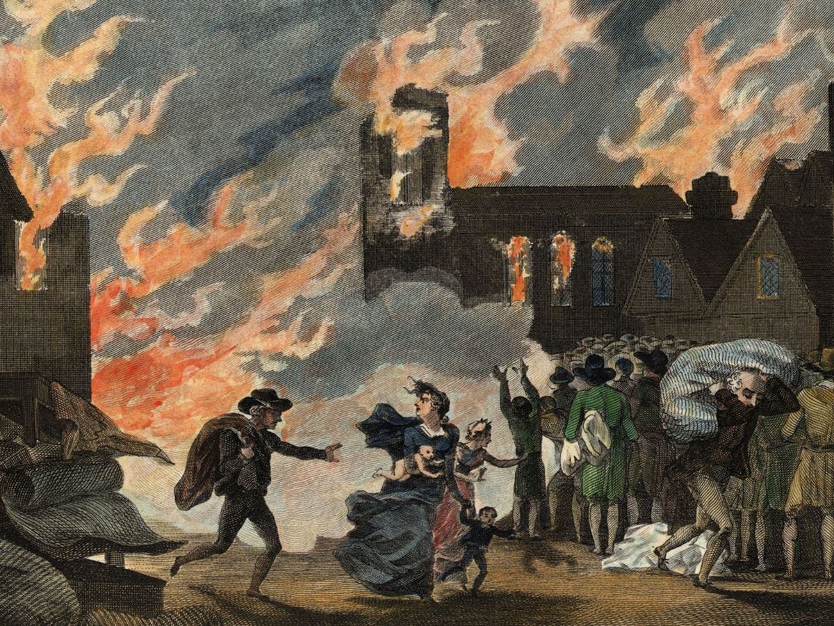 رسم تخيلي يجسد أحد الحرائق بلندن عام 1666