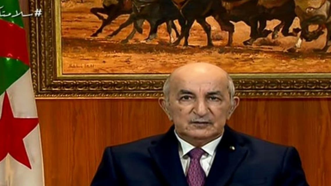 A video grab from Algeria 3 public channel shows Algerian President Abdelmadjid Tebboune giving a televised speech in which he called for dissolution of parliament and early elections, on February 18, 2021 in Algiers. (AFP)