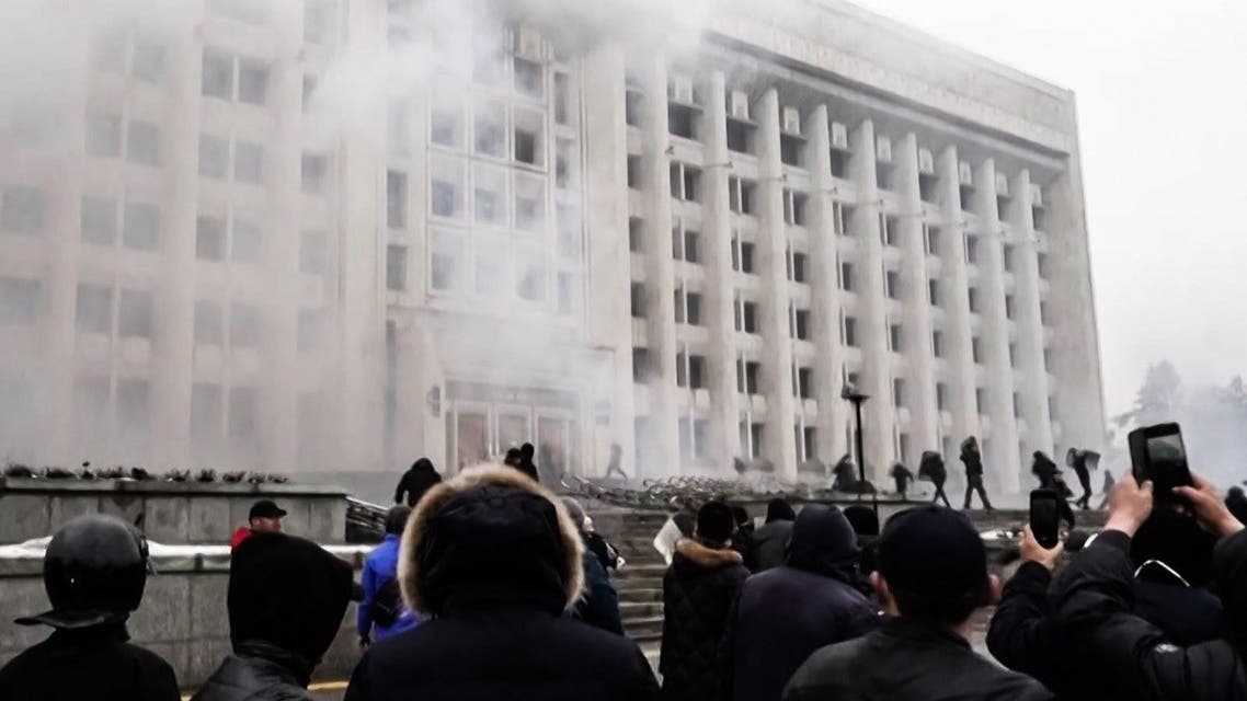 Protesters storming in the city hall of Kazakhstan's largest city Almaty, Jan. 6, 2022. (AFP)