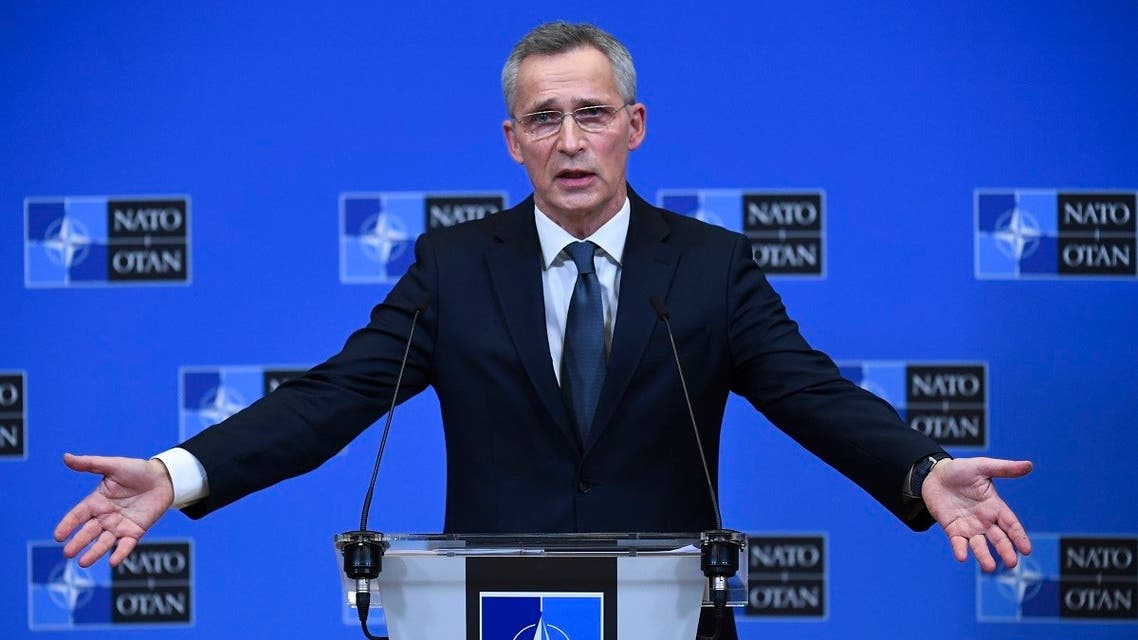 NATO Secretary General Jens Stoltenberg gestures after the extraordinary meeting of NATO foreign ministers on Russia-Ukraine tensions, Jan. 7, 2022. (AFP)