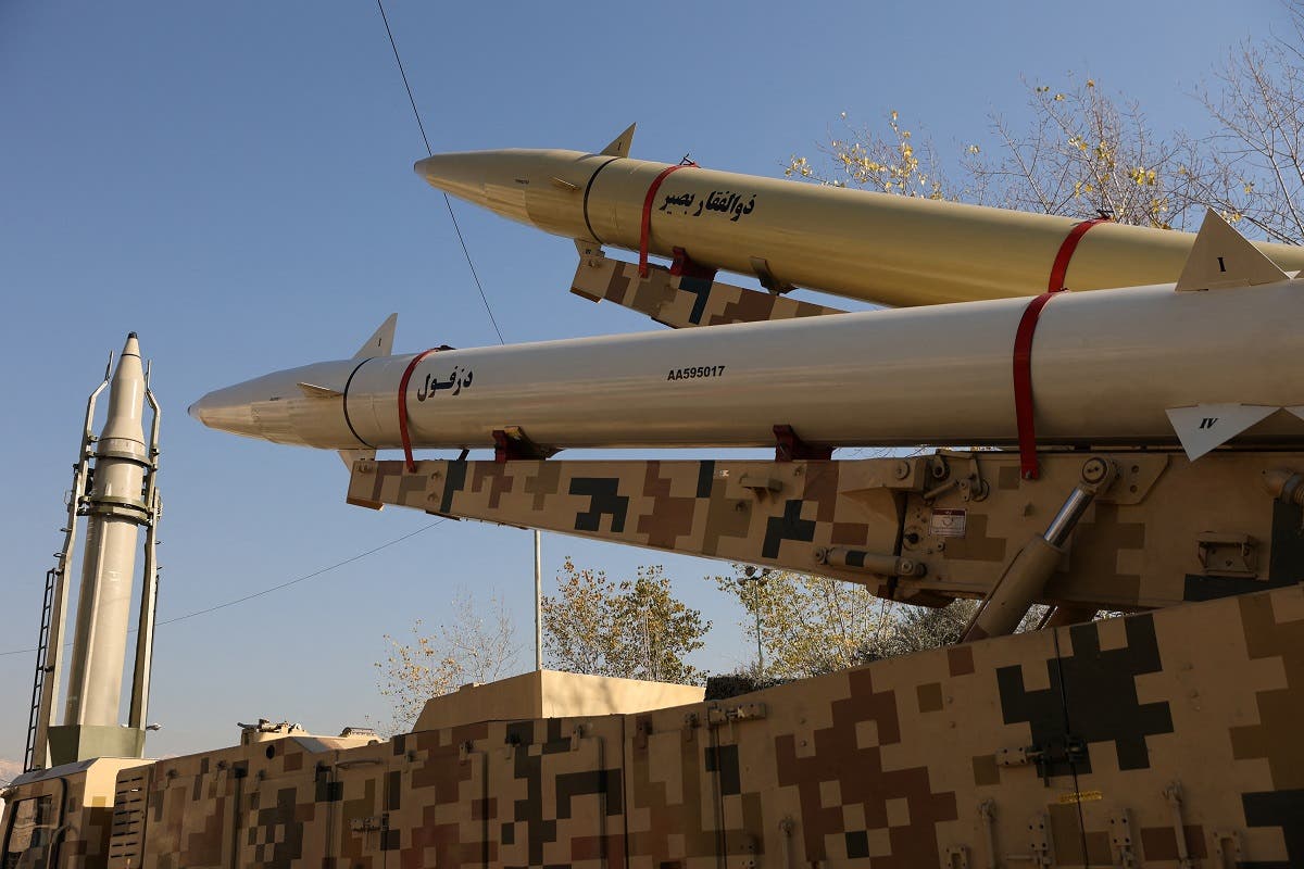 Missiles of the kind used during Iran's retaliatory strike on the U.S Ayn al-Asad military base in 2020 are seen on display at Imam Khomeini Grand Mosalla in Tehran, Iran January 7, 2022. (Majid Asgaripour/WANA (West Asia News Agency) via Reuters)