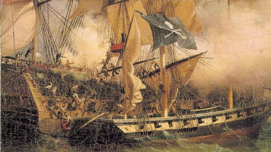 لوحة تجسد مهاجمة القراصنة لإحدى السفن