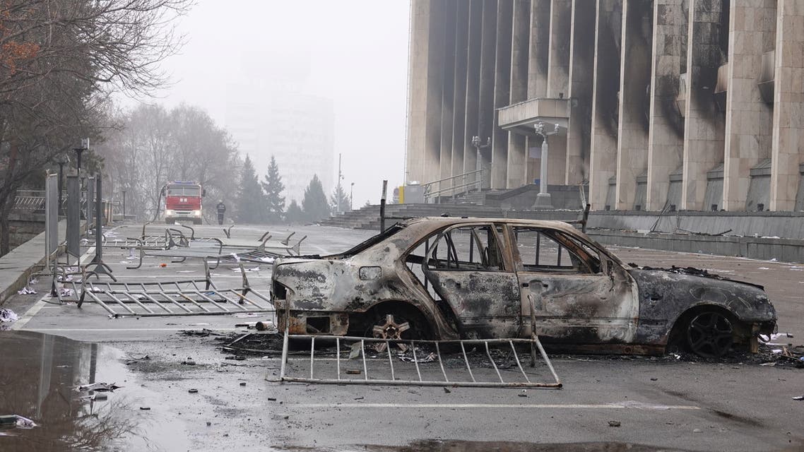 A view shows a burnt car following the protests triggered by fuel price increase outside the city administration headquarters in Almaty, Kazakhstan January 7, 2022. REUTERS/Stringer