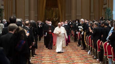 Pope Francis arrives for his new year greetings to the diplomatic corps at the Vatican on Jan. 10, 2022. (AFP)