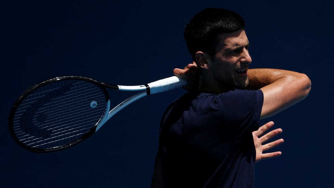 Serbian tennis player Novak Djokovic practices at Melbourne Park as questions remain over the legal battle regarding his visa to play in the Australian Open in Melbourne, Australia, January 12, 2022. (Reuters)