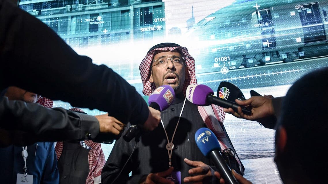 Saudi Minister of Industry and Mineral Resources Bandar al-Khorayef speaks to reporters during the 2020 Railway Forum, organised by the Saudi Railways Company, in the capital Riyadh on January 28, 2020. (AFP)
