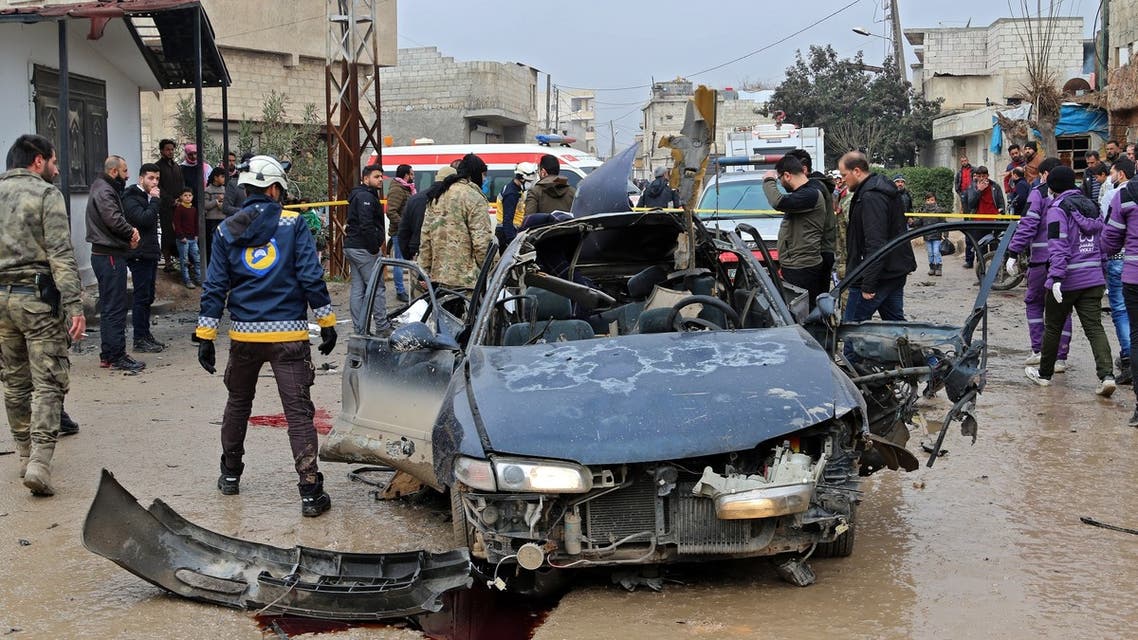 EDITORS NOTE: Graphic content / A picture shows the scene after an explosive device exploded in a taxi in Syria's town of Azaz in the rebel-controlled northern countryside of Syria's Aleppo province near the border with Turkey, on January 13, 2022 in which at least one person was killed. (Photo by AFP)